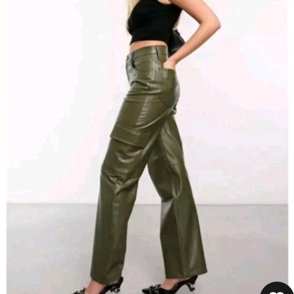 Tgla Olive Faux vegan‎ Leather High-Rise Wide-Leg Cargo Pants